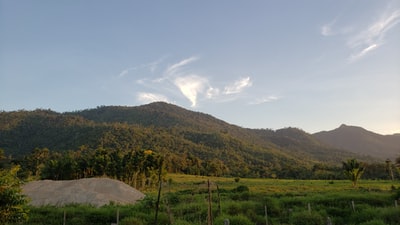 绿草蓝天白天下山附近
